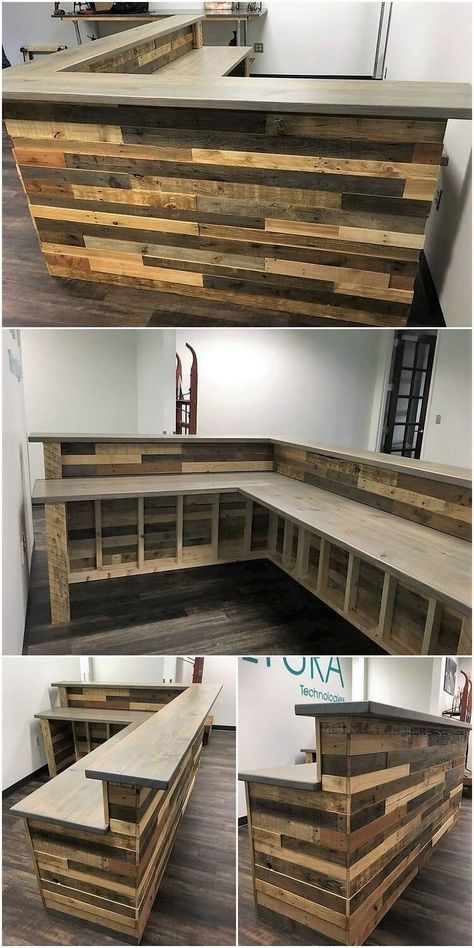 Working Garage, Desk Woodworking, Pallet Desk, Pallet Bar Diy, Bar In Casa, Pallet Bar, Basement Bar Designs, Diy Home Bar, Home Bar Designs