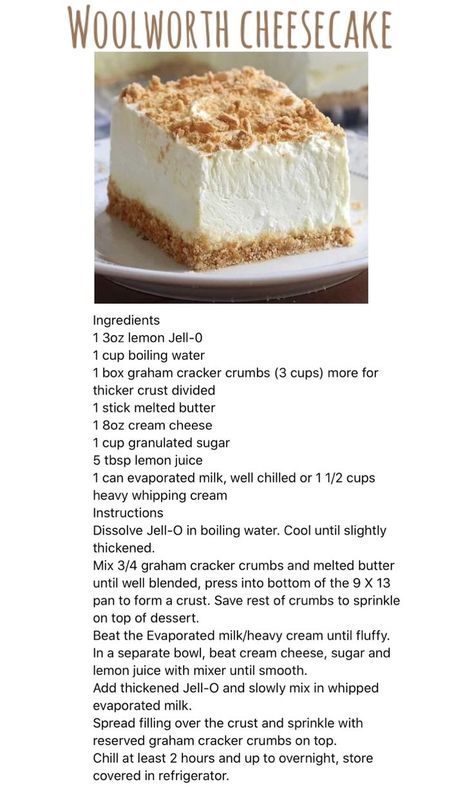 Woolworth Cheesecake Recipe, Cold Dessert Recipes, Jello Dessert, Jello Dessert Recipes, Favorite Pie Recipes, Fluff Desserts, Jello Desserts, Lemon Dessert Recipes, Easy Cheesecake Recipes