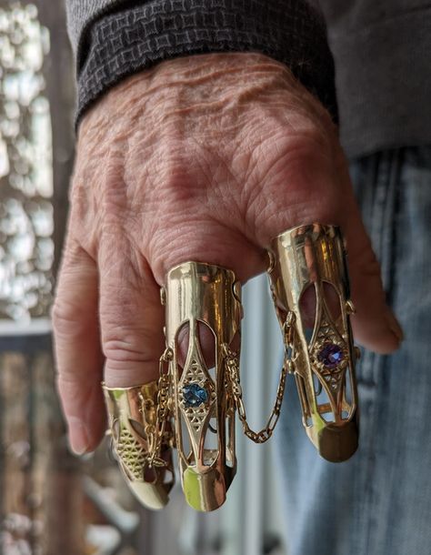 Cool Prosthetics, Finger Prosthetic, Fantasy Prosthetic Arm, Fantasy Prosthetics, Steampunk Prosthetic, Prosthetic Fingers, Armor Jewelry, Long Rings, Beauty Hacks That Actually Work