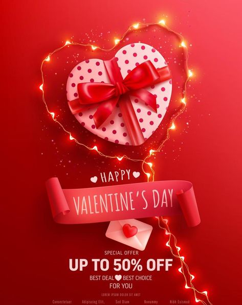 Happy Valentine's Day Sale Poster or banner with Heart Shaped Gift Box and symbol of heart from LED String lights on Red. Promotion and shopping template for Love and Valentine's day concept. Valentine Day Ads, Shopping Template, Social Design, Coffee Valentines, Valentines Food, Valentine Day Special, Graphic Elements, Creative Ads, Post Lights