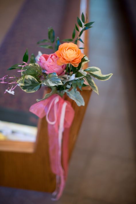 Yellow Orange Pink Wedding, Orange And Pink Wedding, Orange Ranunculus, Wedding Pews, White Hydrangeas, Pink Wedding Flowers, Pink Garden, Aisle Decor, White Hydrangea