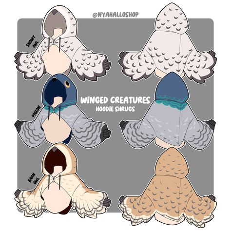 are you birdbrained? 🐦🧠 then you need these shrugs!!! which one is BEST?! #snowyowl #pigeonsupremacy😩🤞 #picoftheday #barnowl #pigeonpower #birdbrainfashion #avianinspired #wildlifefashion #birdloversunite Clothes For Winged Characters, Bird Inspired Outfit, Forshorting Poses Reference, Winged Creatures, Animal Hoodie, Clothing Design Sketches, Drawing Anime Clothes, Dress Design Sketches, Snowy Owl