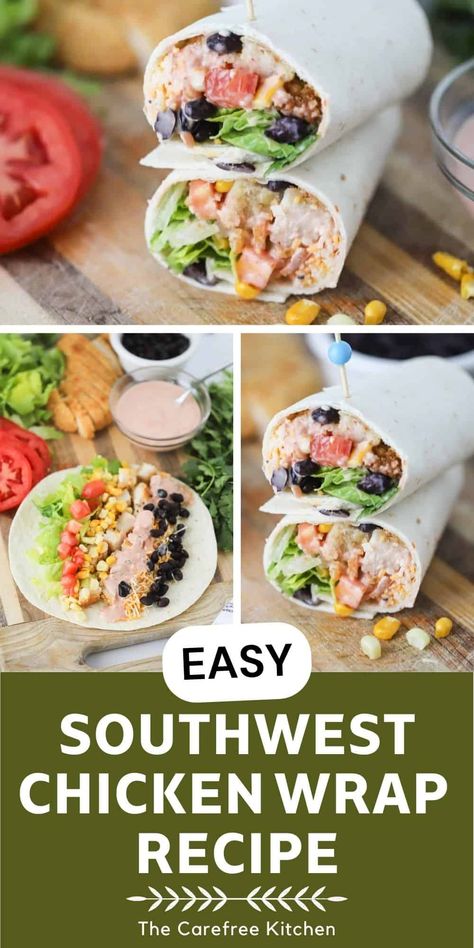 This quick and easy Southwest Chicken Wrap recipe makes the perfect grab-and-go lunch or easy dinner. Each wrap is filled with crispy breaded chicken and flavorful southwestern-inspired ingredients along with a tangy Southwest Ranch Dressing. #thecarefreekitchen #chicken #wrap #crispychicken #southwest #ranchdressing #lunch #easydinner #30minutemeal #mealprep Southwest Wrap Chicken, South West Chicken Wraps, Southwest Turkey Wrap, Southwest Chicken Wraps Recipes, Italian Chicken Wrap, Ranch Chicken Wraps Tortillas, Santa Fe Wraps, Chicken Wrap Ideas Healthy, Santa Fe Chicken Wrap