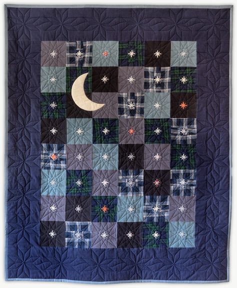 Memorial Appliqué Quilts, Patchwork, Blue Quilt Patterns, Space Quilt, Sky Quilt, Fly Me To The Moon, Summer Quilts, Boy Quilts, Memory Quilt