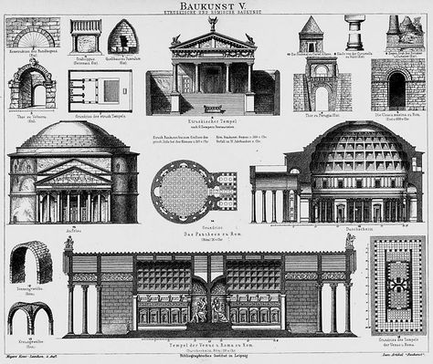 Several examples of Roman and Etruscan architecture Ancient Roman Architecture, History Exam, Architecture Antique, Rome Antique, Italian Architecture, Roman Architecture, Stone Architecture, Architecture History, Engraving Illustration