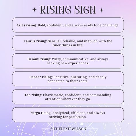 So you've probably been asked: "what's your sun, moon, and rising?" But you don't know what it all means - well let's break it down; starting with the Rising sign. Learn more about your personality by booking a session with me at thelexiewilson.as.me or at the link in my bio Love, Lex #astrologypost #rising #risingsigns #astrologybasics #beginnerastrology #astrologyforbeginners Rising Signs, Leo Rising Aesthetic, Aries Sun Leo Rising, Aquarius Sun Scorpio Rising, Aries Sun Virgo Rising, Pisces Sun Taurus Rising, Rising Scorpio Ascendant, Leo Rising, Gemini Rising