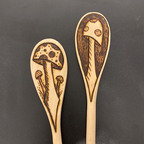 Adorable Whimsical Mushrooms Wood Burned On These Wooden Spoons Beechwood Spoons Measure 12 Inches Long Ready For Immediate Use 100% Food Safe Hand Wash In Warm Water Rustic Farmhouse Kitchen Essentials Baking Cooking Professional Chef Home Cook Gnomes Whimsical Enchanted Forest Kitchen Decor Charcuterie Posh Ambassador Same Or Next Day Non-Smoking Home And Art Studio