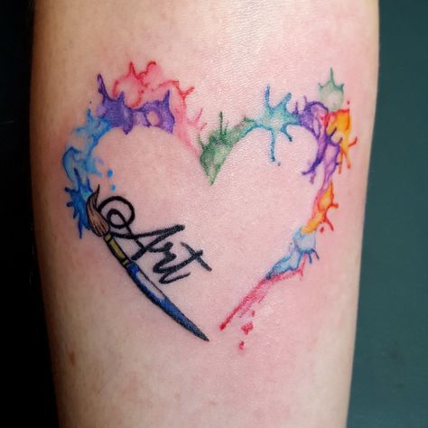 #watercolor #art themed #tattoo by Laura Carney from Kiss of Ink Virginia Art Theme Tattoo, Art Teacher Tattoo Ideas, Art Pallet Tattoo, Art Palette Tattoo, Art Themed Tattoos, Art Teacher Tattoo, Paint Pallet Tattoo, Artist Tattoo Ideas Paintbrush, Painters Tattoo Ideas