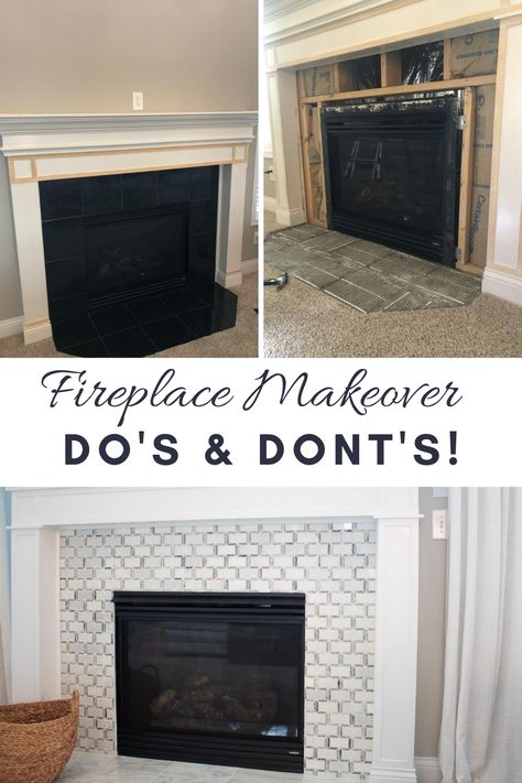 Turn your fireplace into a focal point. Learn how to avoid some pretty common mistakes that can occur when you decide to take on a tiled fireplace makeover. #fireplacemakeover #tiledfireplace How To Update Fireplace Surround, Ceramic Fireplace Makeover, Tiling Over Tile Fireplace, Fireplace Facelift Tile, Tile Floor In Front Of Fireplace, No Demo Reno Fireplace, Renovate Fireplace Ideas, Inside Fireplace Makeover, Tiling Fireplace Hearth