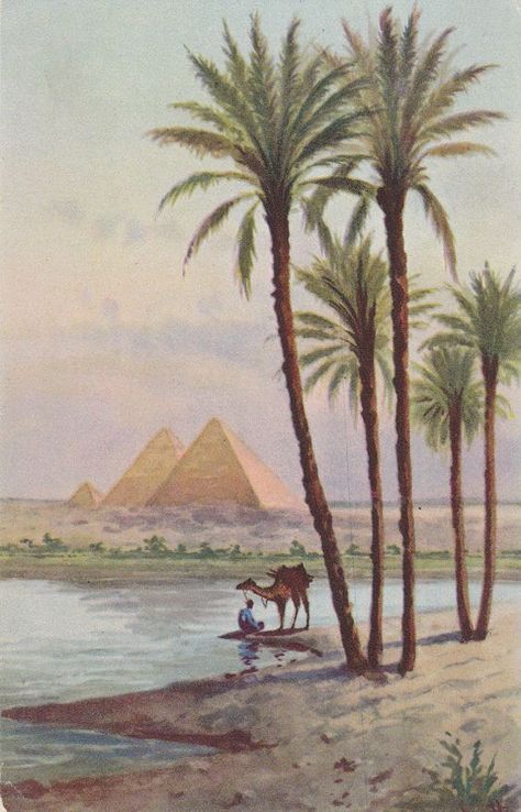 Egyptian Bathroom, Arabian Landscape, Egypt Poster, Egyptian Painting, Pyramids Egypt, The Pyramids, 1920s Vintage, Egypt Art, Ancient Egyptian Art