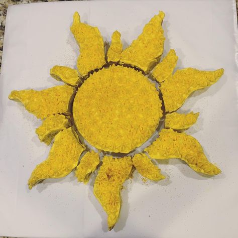 First attempt at a shaped cake. The sun from Tangled!! Sun Shaped Cake, The Sun From Tangled, Sun From Tangled, Tangled Sun, Sun Cake, Shaped Cake, Family Movie, Family Movie Night, Movie Nights