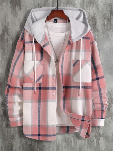 Men 1pc Plaid Dual Pocket Drawstring Hooded Shirt Flannel Hoodie Outfit Men, Knitted Shirts, Hooded Long Sleeve Shirt, Plaid Hoodie, Flannel Jacket, Men Shirts, Mens Plaid, Hooded Shirt, Mens Hooded