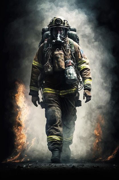 Firefighter works on fire fireman walks ... | Premium Photo #Freepik #photo #fire-fighter #fireman #firefighter #fire-rescue Firefighter Images, Fireman Art, Fire Dept Logo, Firefighters Daughter, Burning Building, Fire Officer, Firefighter Art, Jet Fighter Pilot, Fire Hall