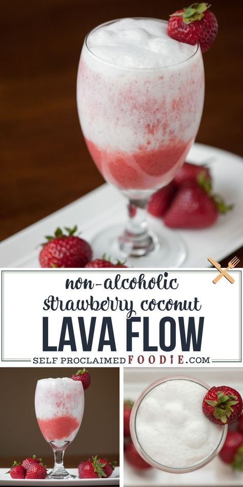 This blended non-alcoholic Strawberry Coconut Lava Flow made with fresh strawberries, pineapple juice and coconut cream is the perfect tropical mocktail. #lavaflow #strawberry #coconut #pineapple #blended #nonalcoholic #kidfriendly #drink #mocktail Hawaiian Punch Recipes, Romantic Drinks, Mocktail Drinks, Alcohol Free Drinks, Strawberry Drinks, Hawaiian Punch, Coconut Drinks, Drink Recipes Nonalcoholic, Non Alcoholic Cocktails