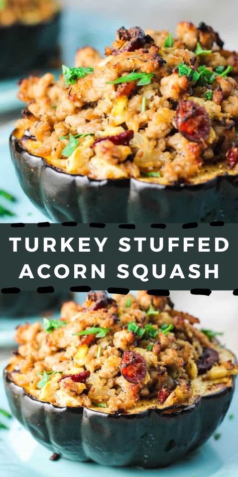 Stuffed Acorn Squash Recipes Healthy Ground Turkey, Ground Chicken Acorn Squash, Stuffed Acorn Squash Ground Turkey, Stuffing Acorn Squash, Turkey Acorn Squash Recipes, Acorn Squash And Turkey Recipes, Acorn Squash With Ground Turkey, Farro Stuffed Acorn Squash, Essen