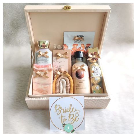 celebrating bride-to -be in our reusable trunk box including personalized gifts Indian Bridesmaid Gift Boxes, Bridesmaid Hamper Ideas Indian, Trunk Box Gift Hamper, Wedding Hampers For Bride, Bride To Be Hamper, Bridal Proposal Box Ideas, Bridal Hamper, Bride To Be Box, Textile Packaging