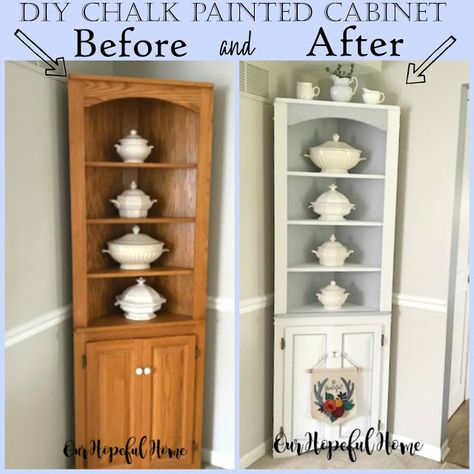 DIY Chalk Paint Corner Cabinet Styled With Ironstone Before And After Transformation #ourhopefulhome #cornercabinet #diningroomdecorating #ironstonecollection #chalkpaintmakeover #pinecabinet #chalkpaint Corner Cabinet Makeover Diy Projects, Redo Corner Cabinet, Chalk Paint Corner Cabinet, Corner Cabinet Redo Ideas, Painted Antique Corner Cabinet, Corner Cabinet Paint Ideas, Refinished Corner Cabinet, Painted Corner Cabinet Ideas, Dining Room Corner Cabinet