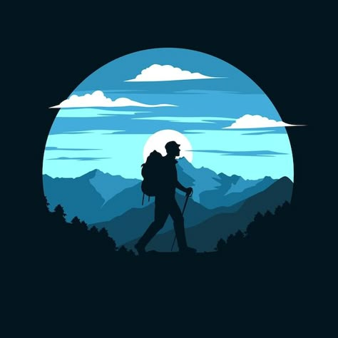 Trekking Silhouette, Trekking Wallpaper, Trekking Illustration, Trekking Logo, Nature Silhouette, Mountains Design, Design Illustration Art, Raster To Vector, Vector Art Design