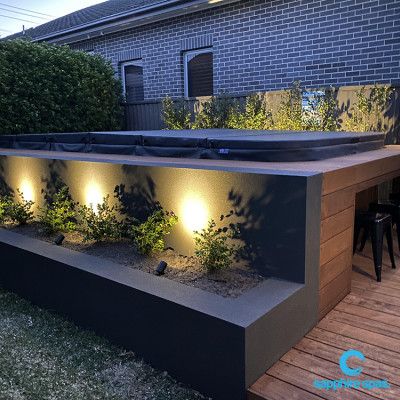 Spa Decking Ideas, Inground Swim Spa, Swim Spa Backyard Ideas, Outdoor Swim Spa, Swim Spa Deck, Swim Spa Landscaping, Basement Patio, Spa Deck, Perfect Yard