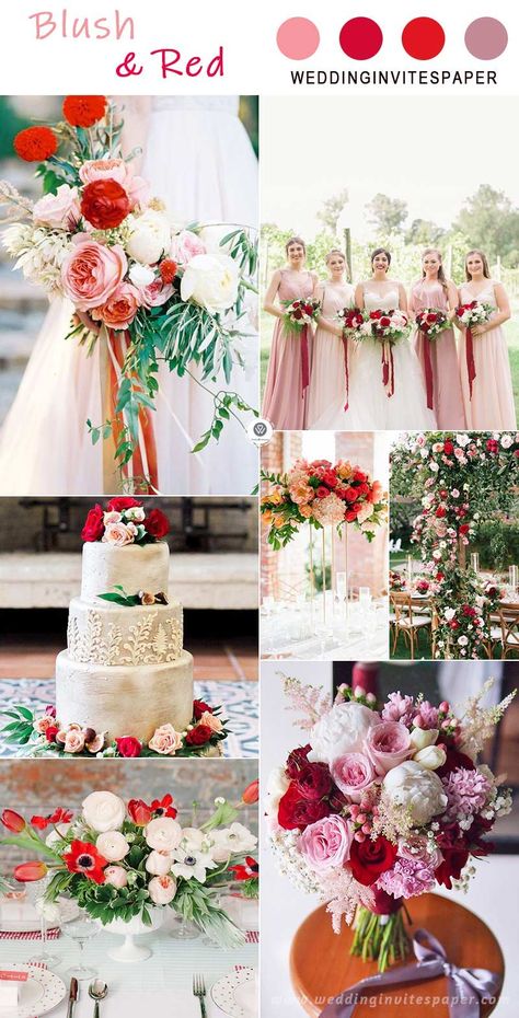 blush and red spring wedding colors Red Spring Wedding Theme, Weddings With Red Color Schemes, Red Blush Wedding Color Schemes, Red Blush Gold Wedding, Spring Red Wedding Color Schemes, Red Spring Color Palette, Red And Blush Wedding Color Schemes, Pink Red Wedding Invitation, Spring Red Wedding