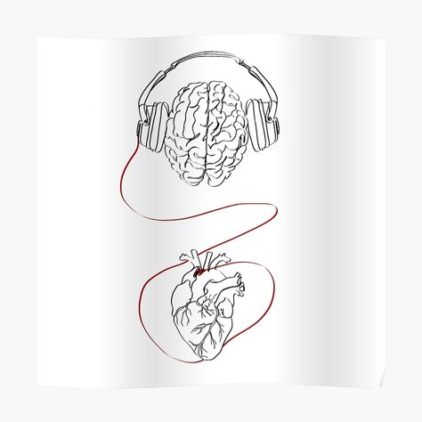 Get my art printed on awesome products. Support me at Redbubble #RBandME: https://www.redbubble.com/i/poster/Continuous-line-illustration-of-brain-wearing-headphones-connected-to-heart-Abstract-inspirational-illustration-encouraging-to-listen-to-your-heart-by-AriadnaArt/77234825.LVTDI?asc=u Music Heart Tattoo, Headphones Tattoo, Punisher Artwork, Music Sketch, Headphones Art, Brain Tattoo, Music Tattoo Designs, Doodle Tattoo, Inspirational Illustration