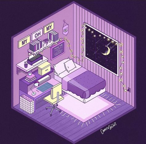 isometric bedroom drawing made in procreate and inspired by other post from pinterest. art, ilustration, blender, color palette Dream Bedroom Drawing, Cute Bedroom Illustration, Aesthetic Bedroom Drawing, Purple House Aesthetic, Bedroom Ideas Drawing, Bedroom Drawing Ideas, Pastel Aesthetic Bedroom, Isometric Rooms, Isometric Sketch