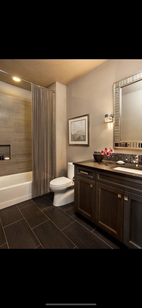 Upgrading Small Bathroom, Small Bathroom Remodel Dark Floor, Brown Restroom Ideas, Brown Restroom Decor Ideas, Bathroom Ideas Brown Tile, Small Brown Bathroom Ideas, Dark Brown Tile Bathroom, Brown Bathroom Ideas Decor, Dark Brown Bathroom Ideas