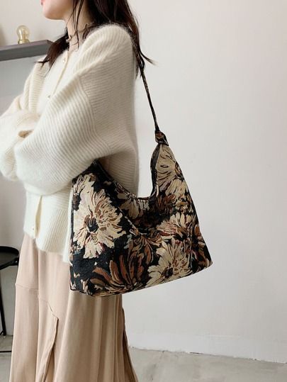 Floral Pattern Shoulder Bag | SHEIN USA My Style Bags, Quoi Porter, Floral Bags, Pretty Bags, Fabric Bags, Floral Style, Mode Inspiration, Bag Women, Outfits Casuales