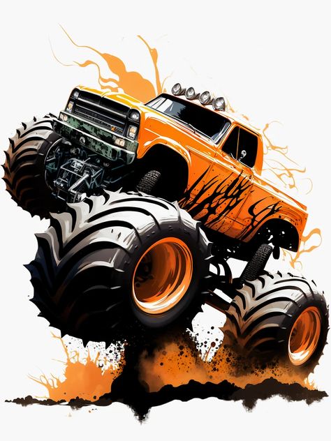 "Monster Truck orange" Sticker by OrbitArtPrint | Redbubble Monster Truck Drawing, Monster Truck Art, Orange Monster, Monster Pictures, Truck Diy, Monster Trucks Birthday Party, Monster Stickers, Boy Room Decor, Boy Bedroom Design