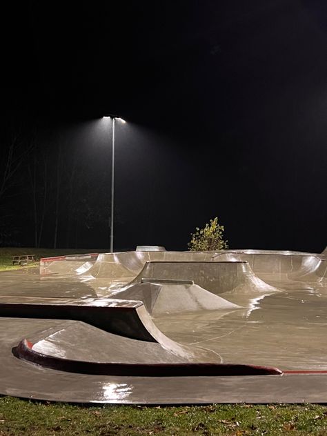 New Hampshire Skate Park in the Rain Skate Park Aesthetic, Skatepark Aesthetic Night, Skateboarding Aesthetic Night, Skateboard Night Aesthetic, Night Skateboarding Aesthetic, Skate Park At Night Aesthetic, Skater Shirts, Skate Aesthetic, Dark Nights