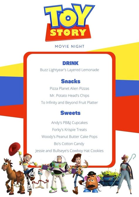 Toy Story Movie Night, Disney Movie Themed Dinner, Family Movie Night Themes, Movie Themed Dinner, Disney Movie Night Menu, Disney Themed Movie Night, Disney Movie Night Food, Summer Movie Night, Themed Movie Night