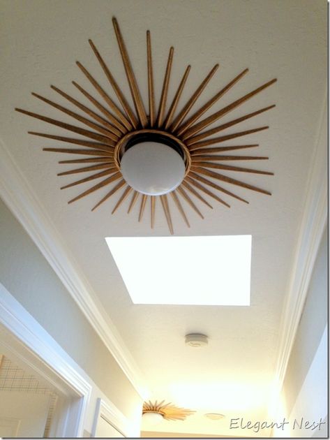 Maybe in our hallway...Starburst flush mount...DIY version-too cute for a low ceiling light! Sunburst Ceiling Light, Sunburst Ceiling Medallion, Starburst Ceiling Medallion, Small Hallway Lighting Ideas Ceilings, Boho Ceiling Lamp, Craft Room Lighting Ideas Ceilings, Sunburst Light Fixture, Ceiling Fan Low Ceiling, Funky Ceiling Lights