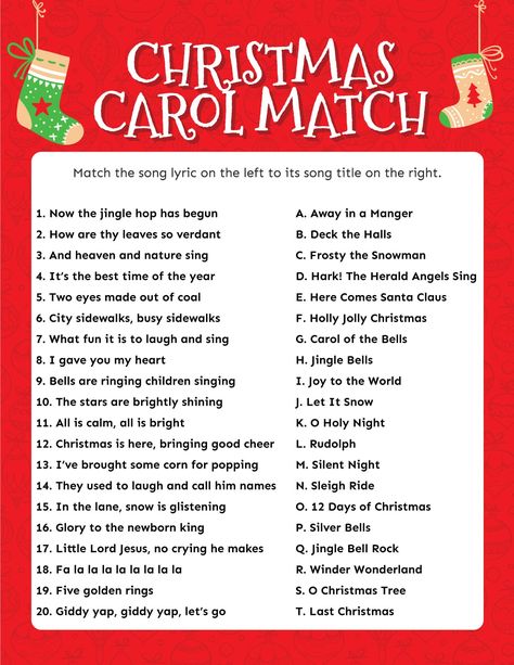 This fun free printable Christmas carol game has players matching popular Christmas song lyrics to the correct song! It's fun for kids to guess the song and for adults to name the correct carol! Finish The Lyrics Christmas Songs, Emoji Christmas Song Game, Song Games, Christmas Song Games, Free Christmas Games, Homeroom Mom, Christmas Carol Game, Christmas Carols Lyrics, Christmas Eve Games