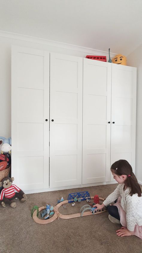 Playroom Storage With Doors, Toy Room Storage Ikea, Besta Storage Playroom, Pax Wardrobe Toy Storage, Playroom Large Toy Storage, Playroom Storage Cupboards, Hidden Playroom Storage, Toy Room Cabinets, Toy Wardrobe Storage