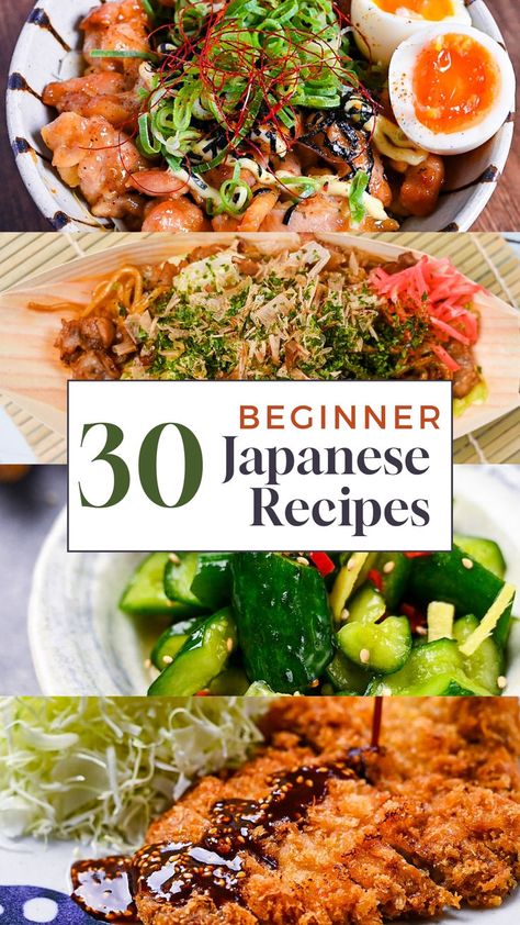 A collage of 4 easy Japanese meals including teriyaki chicken donburi, yakisoba stir fried noodles, easy cucumber pickles with ginger and the ultimate tonkatsu pork cutlet. Easy Healthy Meals For Beginners, Different Dishes For Dinner, Asian Recipes For Beginners, Japanese Comfort Food Recipes, Beginner Japanese Recipes, Japanese Inspired Recipes, Japanese Curry Side Dish, Japanese Protein Recipes, Japanese Meals Recipe