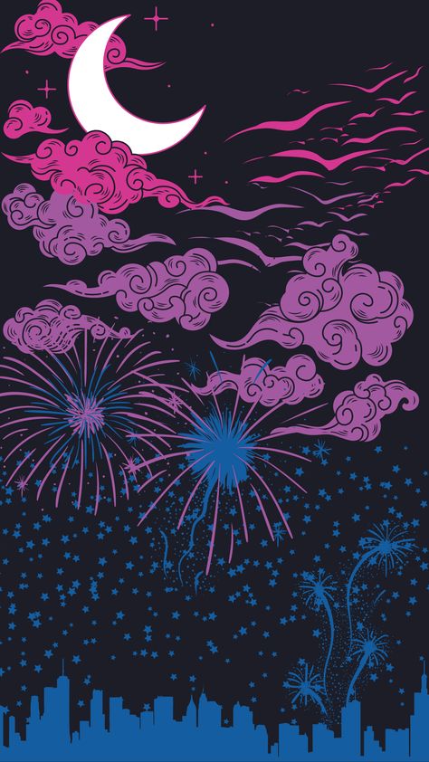 (Top Left) Hot Pink Clouds with a white crescent moon. (Top Right) A flock of hot pink birds cruising down.
(Middle) Purple clouds with purple birds flying through.
(Bottom Half) Blue stars litters the sky, with purple fireworks. A shadow of a city in the distance. Bisexual Wallpaper Iphone Aesthetic, Alt Posters, Dragon Wallpaper Iphone, Poster Anime, Lgbt Art, Happy Pride, Pretty Wallpapers Backgrounds, Cute Backgrounds, Pride Month