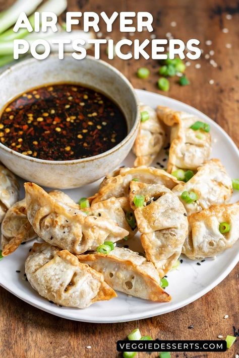 Cooking frozen potstickers in an air fryer is so easy! It's our favorite way to cook potstickers (aka gyoza, dumplings) because they come out crispy on the outside and tender and warm on the inside. Serve air fryer potstickers as an appetizer, side dish, snack, or meal with your favorite dipping sauce!