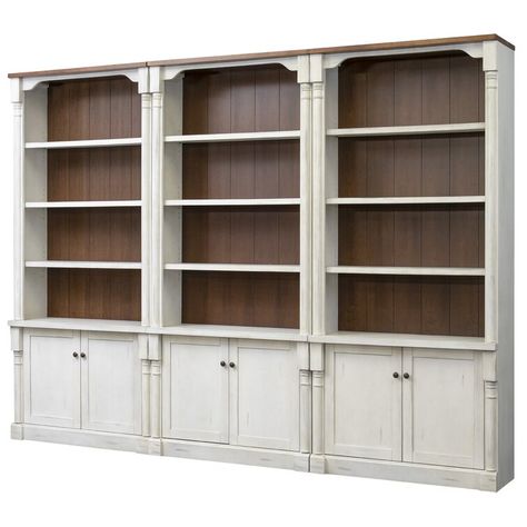 Martin Home Furnishings Durham 93.5'' H x 126'' W Library Bookcase & Reviews | Wayfair White Built Ins With Wood Shelves, Stained Built In Bookshelves, Beadboard Bookcase, Accent Bookshelf, Bookshelves Room, Vintage Bookshelves, Library Makeover, Rustic Bookshelves, Library Bookcase