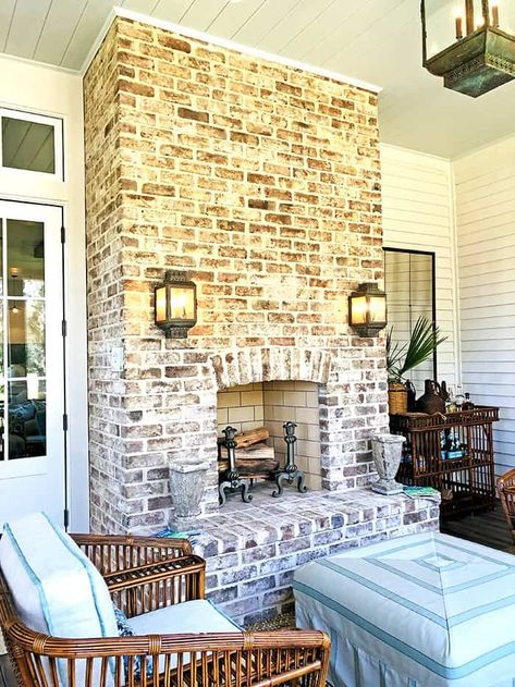 Veranda With Fireplace, Screened In Porch With Brick Fireplace, Screened In Porch Fireplace Ideas, Patio Brick Fireplace, Two Way Fireplace Indoor Outdoor, Outdoor Fireplace Screened In Porch, Back Porch Brick Fireplace, Outdoor Fireplace Porch, Back Porch Fireplace Ideas