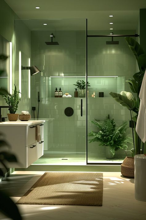 29 Green Bathroom Decor Ideas to Add a Pop of Nature-Inspired Color - My Elegant Home Jade Green Bathroom Decor, Green Bath Aesthetic, Green And Bamboo Bathroom, Green Aesthetic Bathroom Decor, Dream Home Aesthetic Exterior, Green Wood Bathroom, Nature Theme Bathroom, Bathroom Green Tiles, Green Bathroom Aesthetic