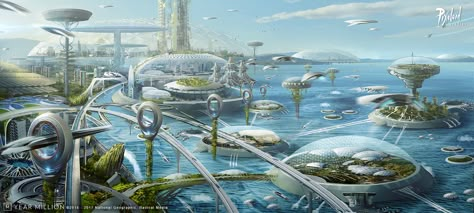 ArtStation - Year Million - 03, Pixoloid Studios Kota Masa Depan, Futuristic Cities, Sci Fi Landscape, Future Cities, Future Buildings, Sci Fi City, New Retro Wave, Alien Concept Art, Green City