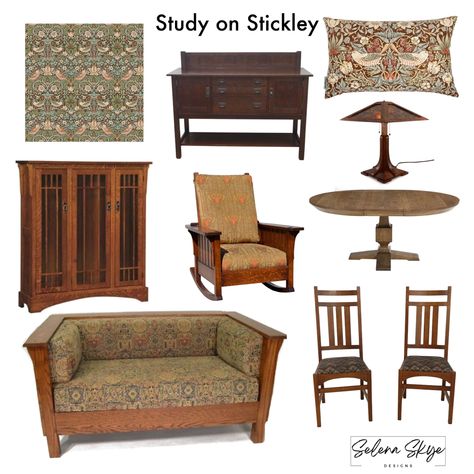 Mission Style Upholstery Fabric, Gustav Stickley Furniture, Mission Style Living Room, Mission Style Decorating, Craftsman Dining Room, Arts And Crafts Interior Design, Basement Redo, Stickley Furniture, Gustav Stickley