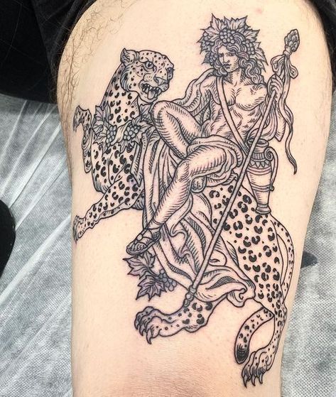 Chalice Tattoo Company on Instagram: "Dionysus thigh piece by @henstooth" Bacchus Tattoo, Dio Tattoo, Dionysus Tattoo, Mythological Tattoo, Chalice Tattoo, Greek Deities, Shamanic Art, Random Tattoos, God Tattoos