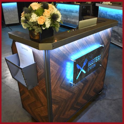 Creating a custom hostess station can be as easy as picking out a great laminate and adding eye-catching LED signage. Chevron Laminate + Custom LED Signage #CustomHostessStand #LEDSign #RestaurantDesign Hostess Stand Design, Host Stand Restaurant, Hostess Stand Restaurant, Host Stand Design, Host Station, Restaurant Hostess, Hostess Station, Server Station, Hostess Stand