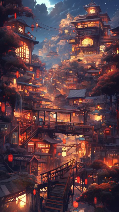 Art of Japanese City Dreamscape Futuristic Japanese City, Japanese Fantasy City, Asian Fantasy City, Japanese City Aesthetic, Futuristic City Concept Art, Japanese Village Art, Fantasy City Concept Art, Japanese City Art, Japanese Fantasy Art