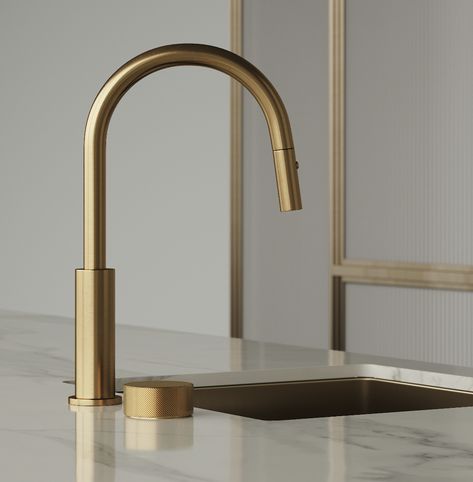 Halo X Kitchen Set in Brushed Nordic Brass PVD. Available for purchase through selected distributors only. Brushed Brass Kitchen Hardware, Brass Kitchen Hardware, Brass Kitchen Tap, Kitchen Renovation Design, Modern Kitchen Faucet, Kitchen Mood Board, Brass Kitchen Faucet, Nordic Kitchen, Brass Kitchen