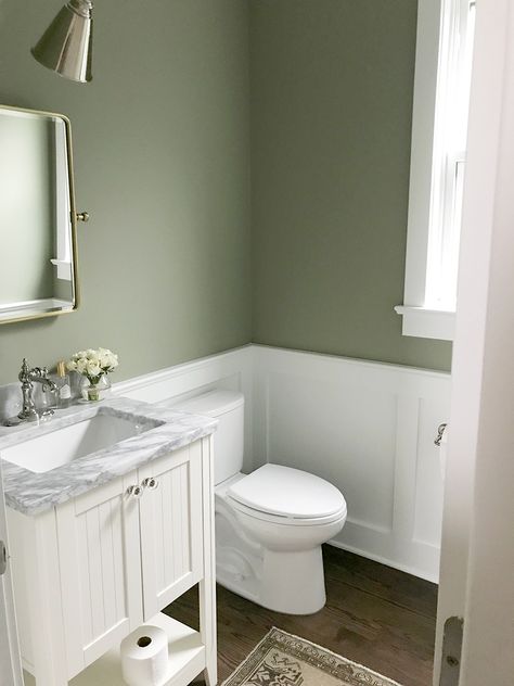 Our Powder Room: Painting the Walls Sage Green Green Bathroom With Panelling, Sage And Oak Bathroom, Sage Wall Bathroom, Kamar Hijau Sage, Green Painted Walls Bathroom, Green Waynes Coating Bathroom, Bathroom Remodel Sage Green, Sage Green Downstairs Toilet, Sage Green Bathroom Aesthetic