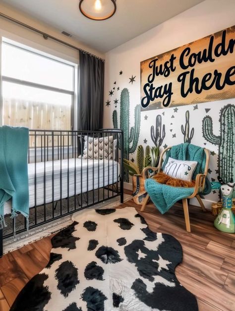 Sunroom Nursery Ideas, Bull Themed Nursery, Western Nursery Mural, Western Chic Nursery, Funky Baby Nursery, Little Boys Nursery, Nursery Western Theme, Modern Western Nursery, Country Theme Bedroom