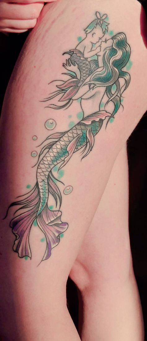 Mother mermaid tattoo Mother Mermaid, Mermaid Thigh Tattoo, Crab Tattoo, Mermaid Tattoo, Mermaid Tattoos, Mermaid Theme, Thigh Tattoo, Mermaid, Tattoos