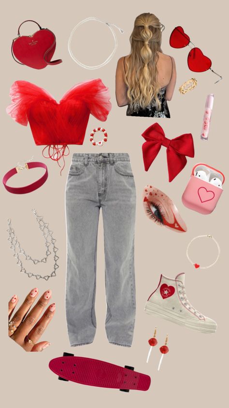 Valentines Day Cute Outfit #outfitinspo #valentines #valentinesday #red #pink #heart Outfit Inspo Valentines Day, Valentine Outfits For School, Valentines School Outfit, Galentines Cute Outfit, Valentines Day Outfits School, Valentines Outfits For School, Cute Valentine’s Day Outfits For School, Valentine’s Day Fits For School, Valentine’s Day Outfits For School